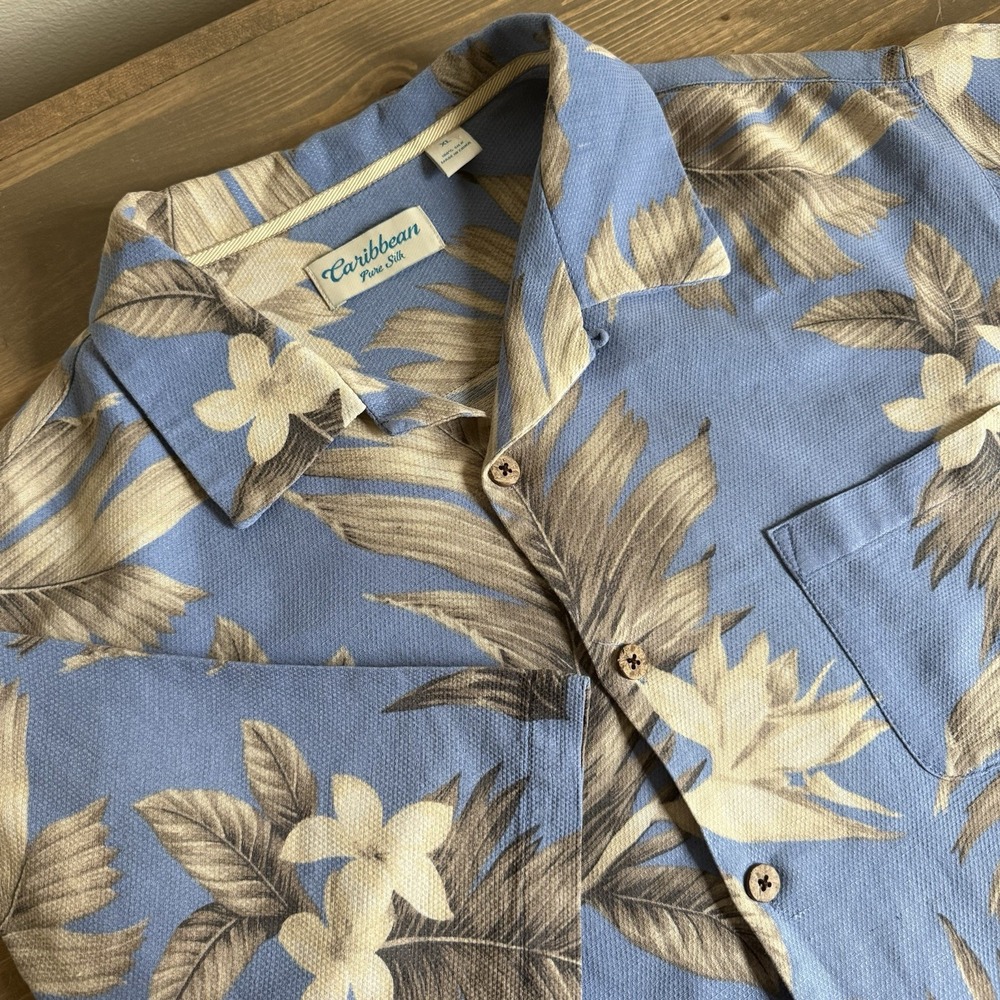Caribbean Men's XL Floral 100%‎ Silk Short Sleeve Shirt Hawaiian Tropical